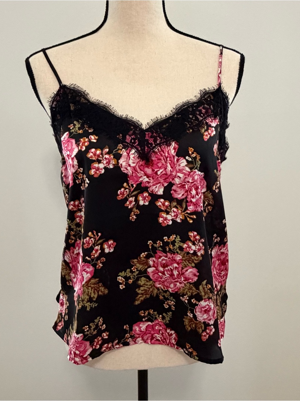Black Floral Lace Trim Cami Tank Top - Pink Rose Print Size Small